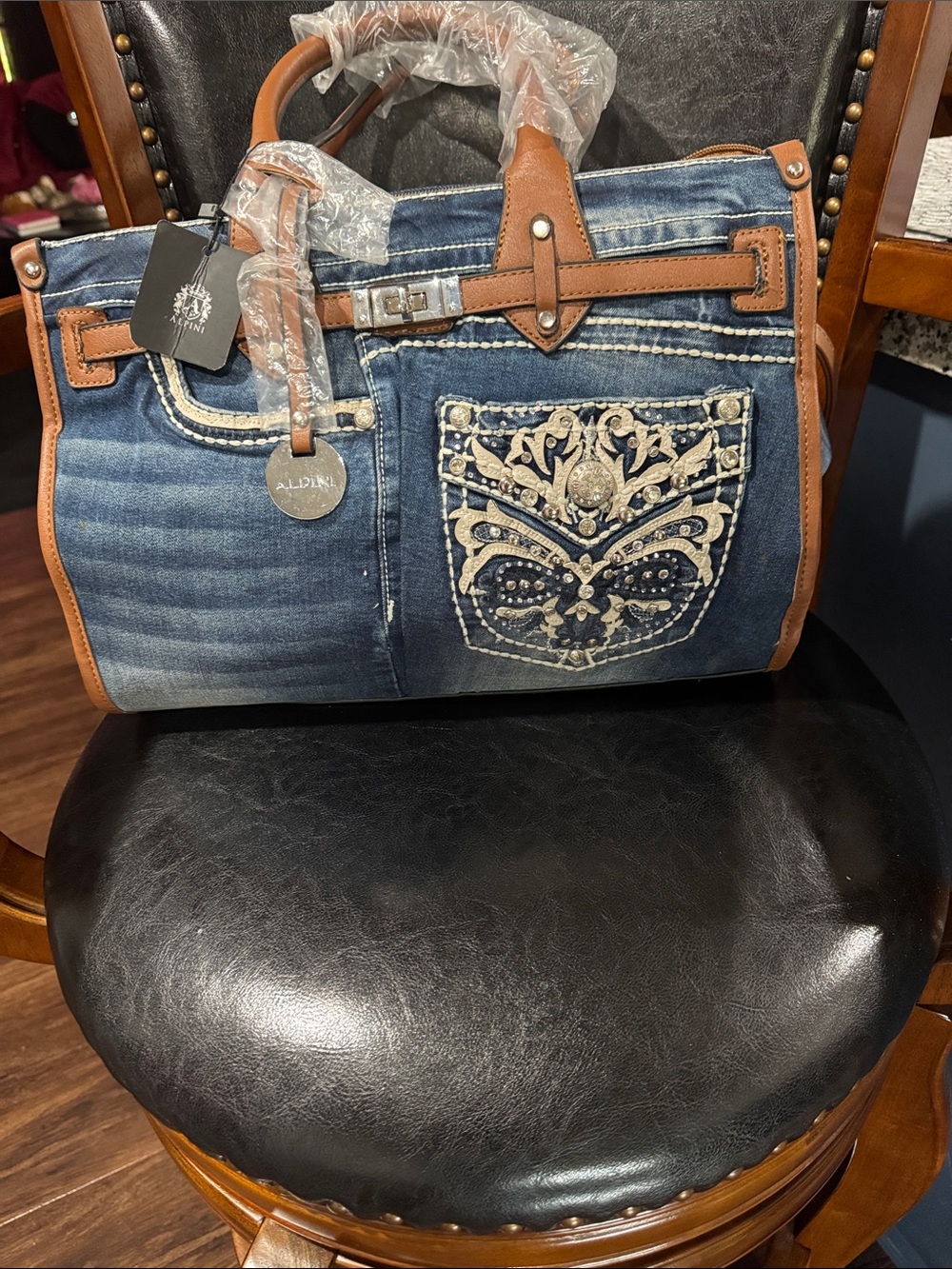 Embellished Denim Tote in Blue and Brown